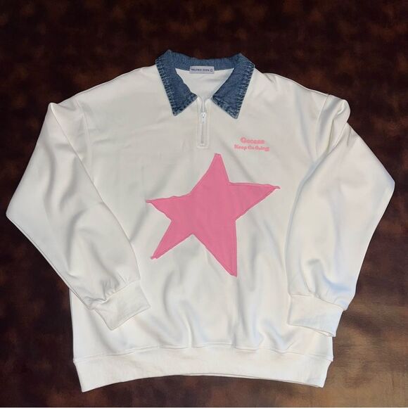 Aelfric Eden Denim Lapel 1/4 Zip Sweatshirt Star front EUC White/Pink SZ XL - Picture 3 of 9